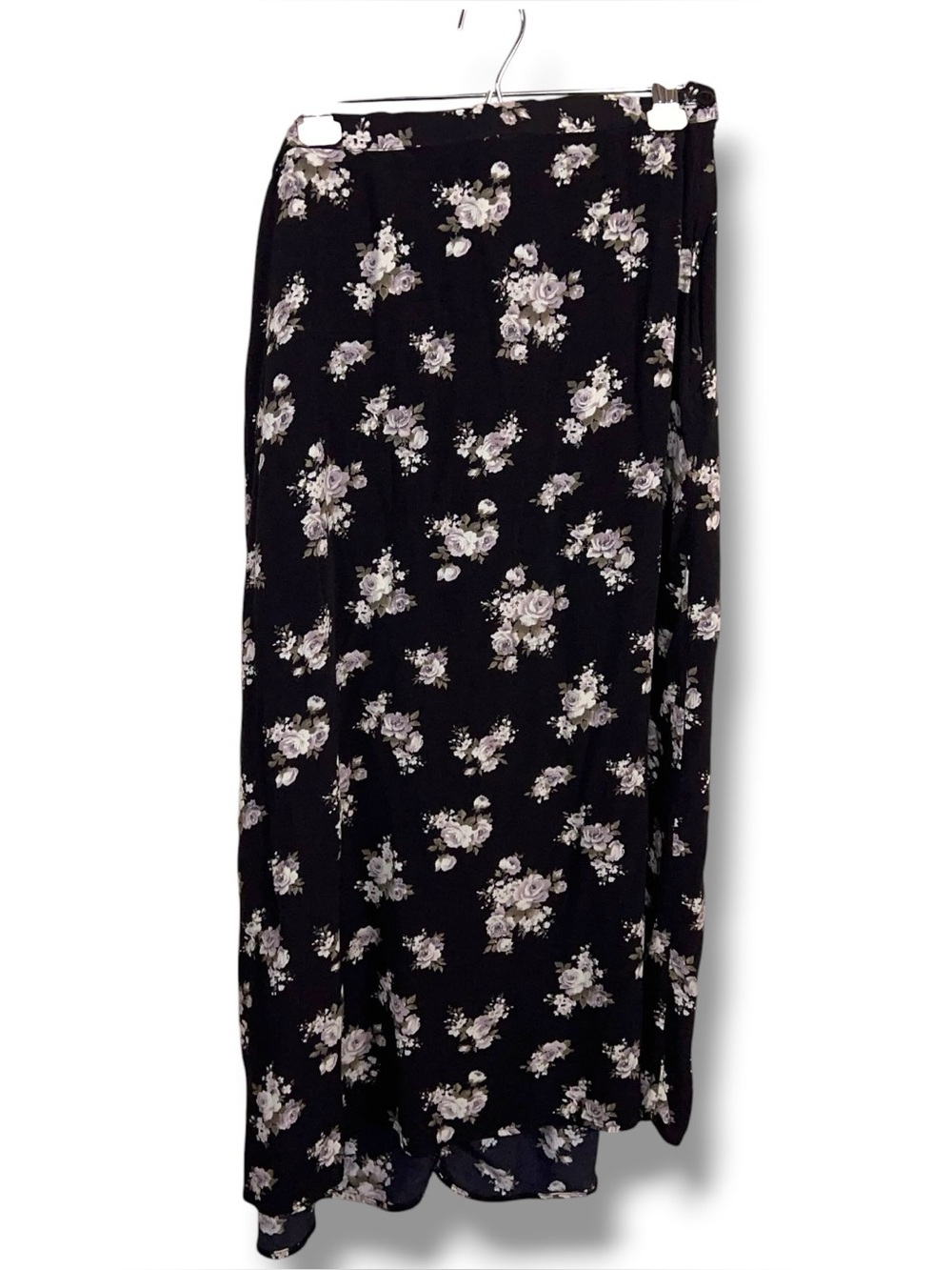 Vintage US Size 12 San Michelle Bay Black White Pink Floral Skirt Midi Rayon